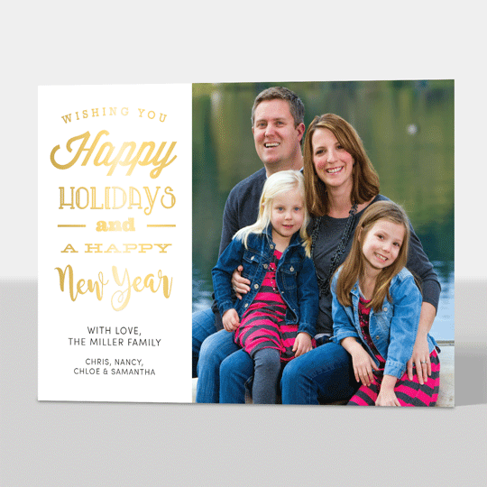 White Happy Holidays and New Year Foil Photo Cards